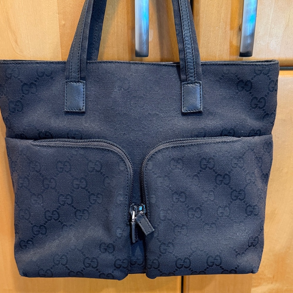 AUTHENTIC Gucci Black Monogram Canvas Tote with Dual Front Zip Pockets